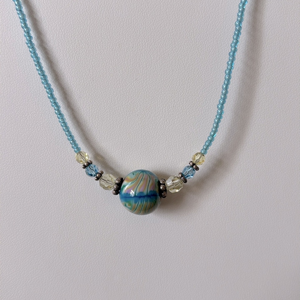 Lampwork Glass Bead Necklace with Swarovski Crystal Accents‎ Handmade
